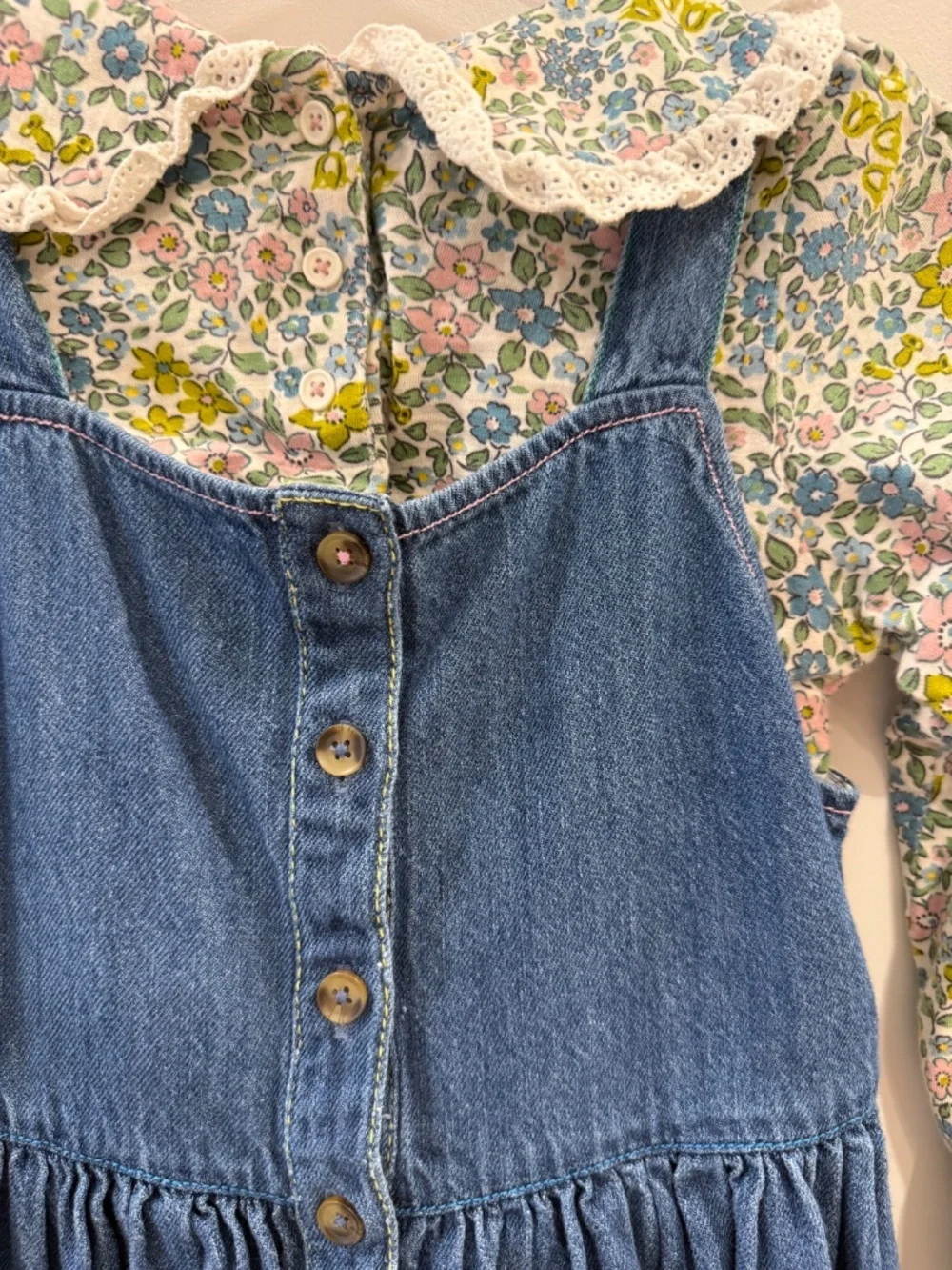 Mini Boden -Denim Button-through Pinafore Dress w/Ruffle Collared Top, Size 8-9y